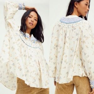 FREE PEOPLE Floral PALOMA ButtonDown Pleated Yoke Top